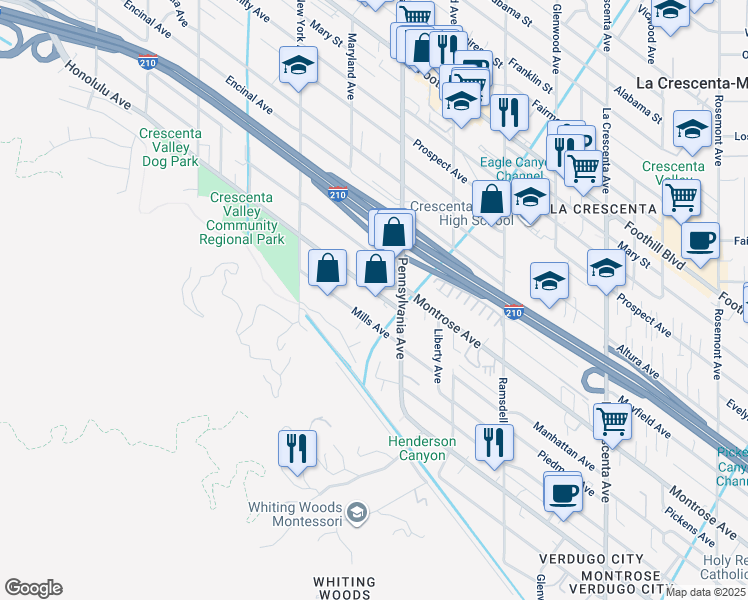 map of restaurants, bars, coffee shops, grocery stores, and more near 3228 Honolulu Avenue in Glendale