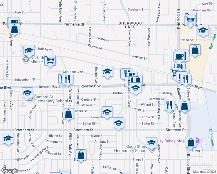 map of restaurants, bars, coffee shops, grocery stores, and more near 17426 Roscoe Boulevard in Los Angeles