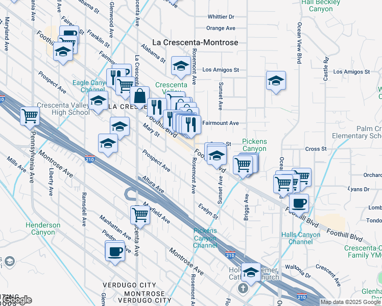 map of restaurants, bars, coffee shops, grocery stores, and more near 2600 Foothill Boulevard in La Crescenta-Montrose