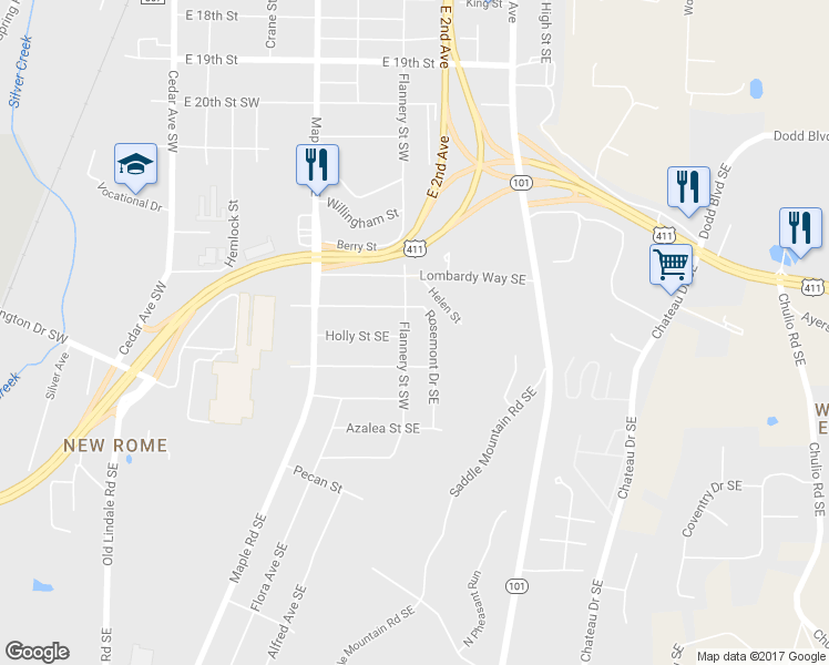 map of restaurants, bars, coffee shops, grocery stores, and more near 2407 Flannery Street Southwest in Rome