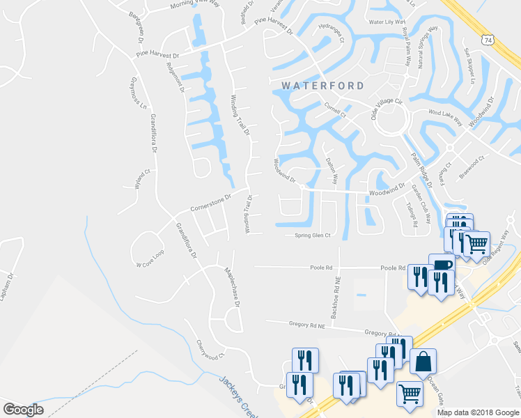 map of restaurants, bars, coffee shops, grocery stores, and more near 1009 Sunstone Court in Leland