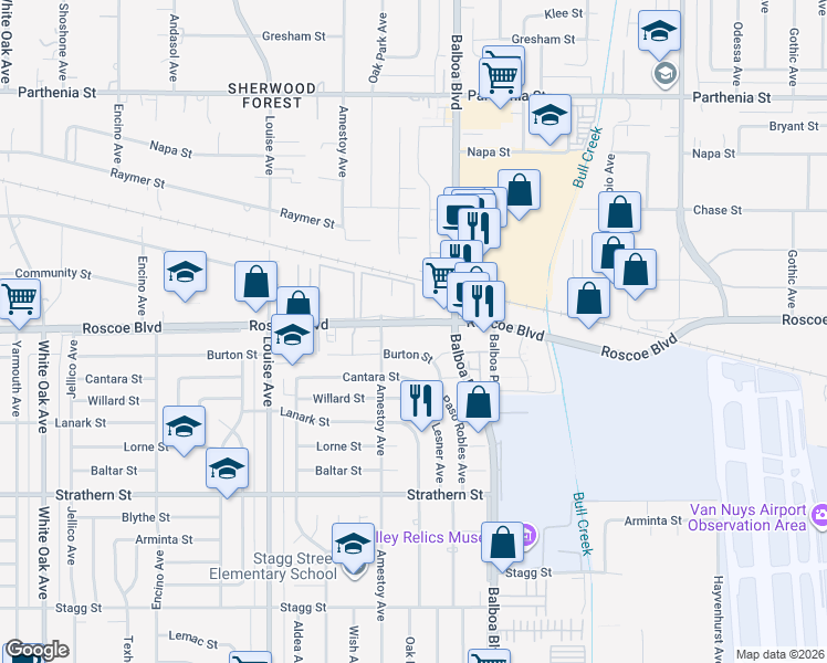 map of restaurants, bars, coffee shops, grocery stores, and more near 17038 Roscoe Boulevard in Los Angeles