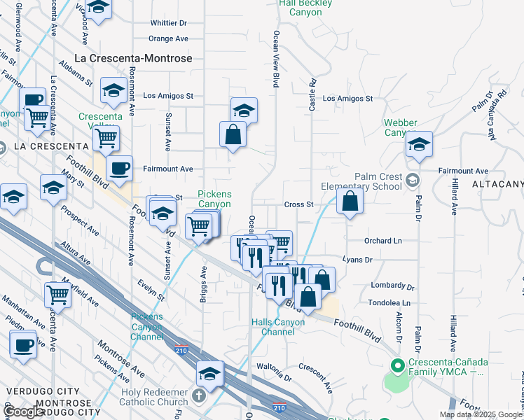 map of restaurants, bars, coffee shops, grocery stores, and more near 2270 Cross Street in La Cañada Flintridge