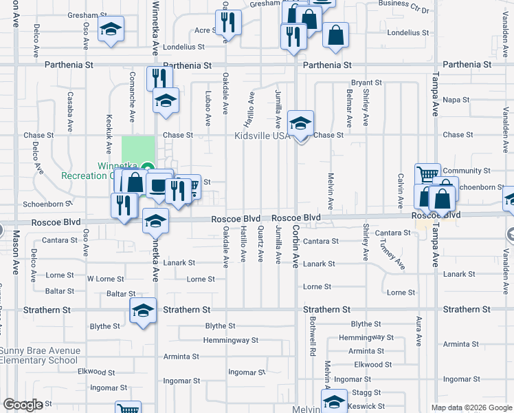 map of restaurants, bars, coffee shops, grocery stores, and more near 8321 Quartz Avenue in Los Angeles