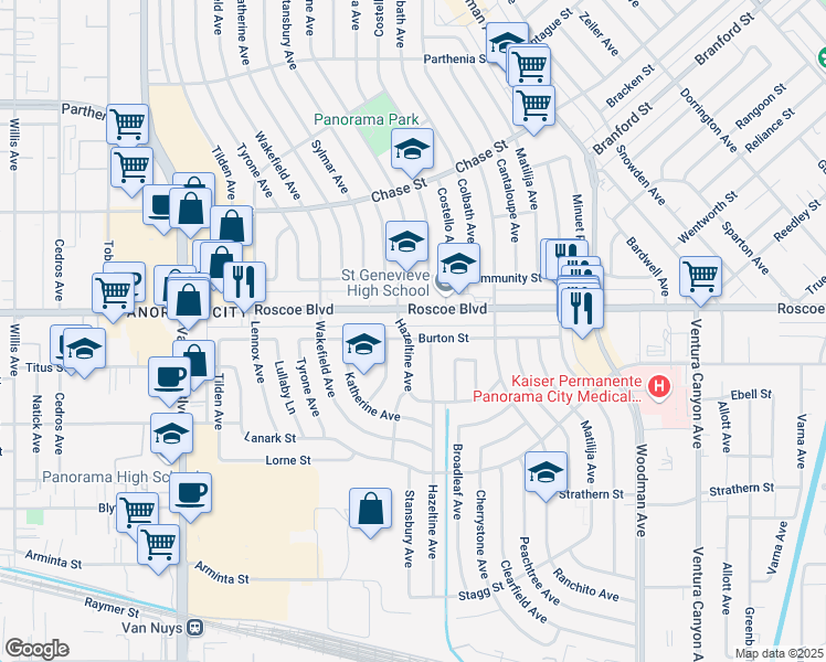 map of restaurants, bars, coffee shops, grocery stores, and more near 14059 Burton Street in Los Angeles