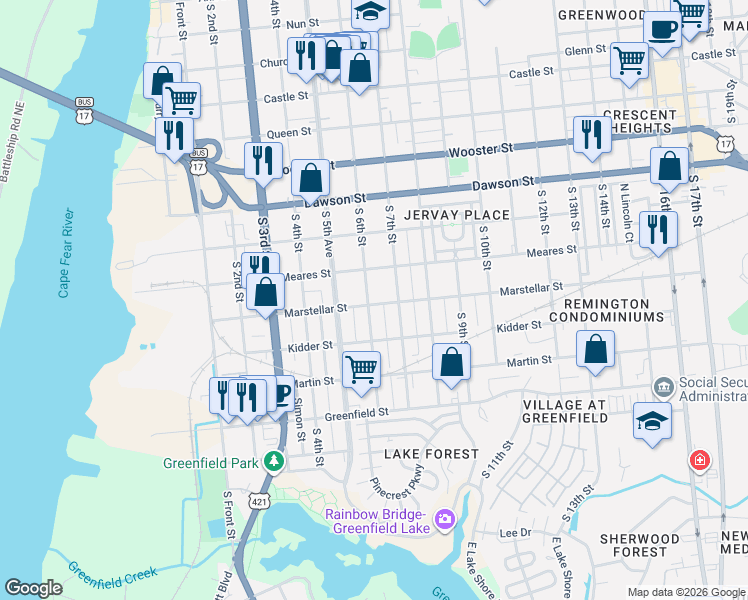 map of restaurants, bars, coffee shops, grocery stores, and more near 1121 South 6th Street in Wilmington