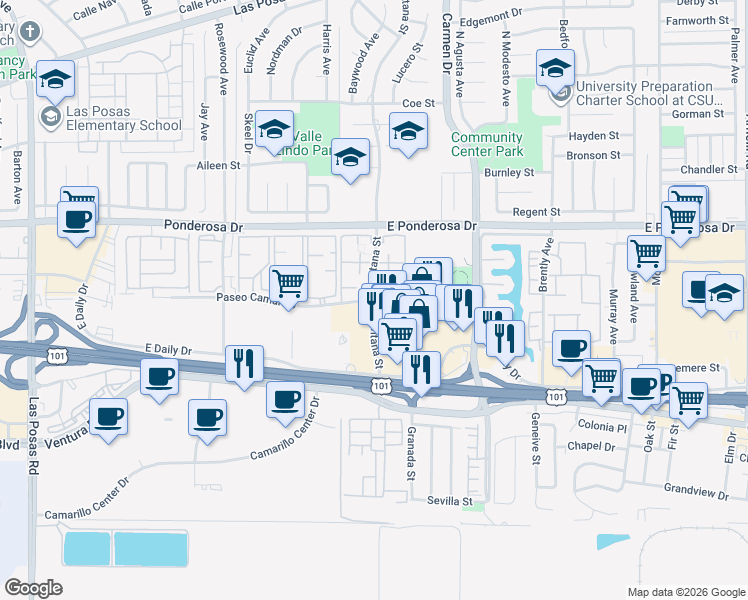 map of restaurants, bars, coffee shops, grocery stores, and more near Lantana Street & Paseo Camarillo in Camarillo