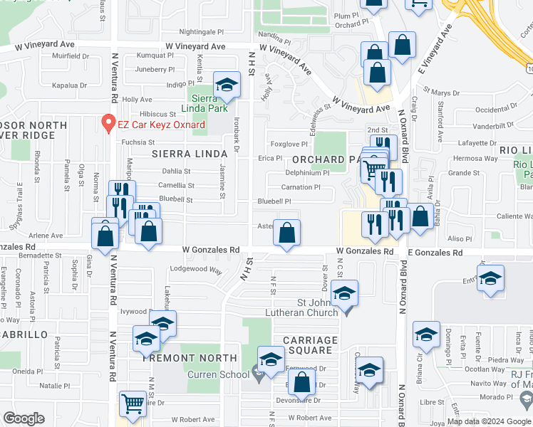 map of restaurants, bars, coffee shops, grocery stores, and more near 761 Aster Street in Oxnard