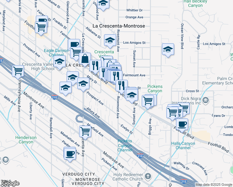 map of restaurants, bars, coffee shops, grocery stores, and more near 2600 Foothill Boulevard in La Crescenta-Montrose