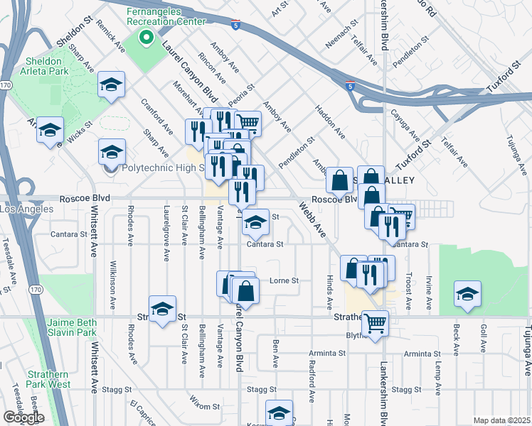 map of restaurants, bars, coffee shops, grocery stores, and more near 12011 Burton Street in Los Angeles
