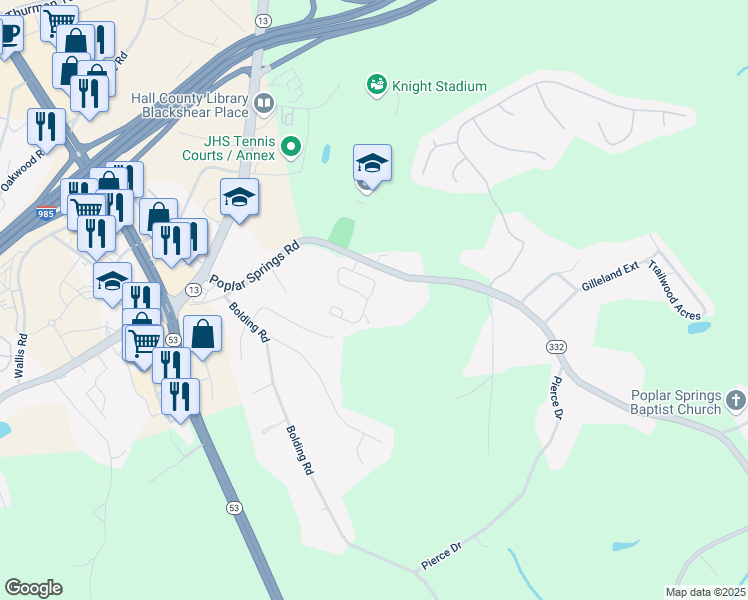 map of restaurants, bars, coffee shops, grocery stores, and more near 3426 Abbey Way in Gainesville
