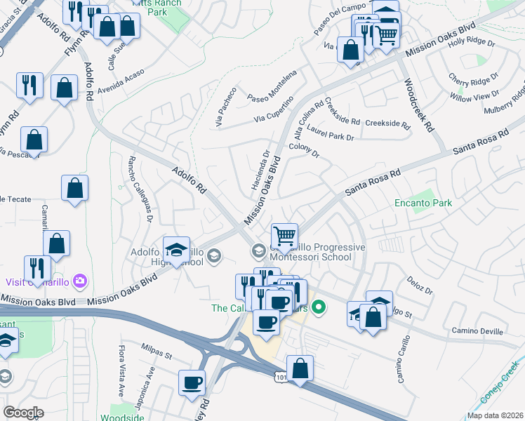 map of restaurants, bars, coffee shops, grocery stores, and more near 499 Sobre Colinas Place in Camarillo