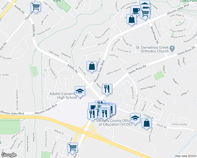 map of restaurants, bars, coffee shops, grocery stores, and more near 499 Sobre Colinas Place in Camarillo