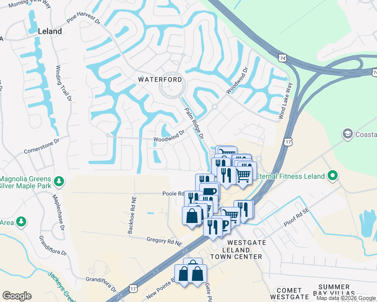 map of restaurants, bars, coffee shops, grocery stores, and more near 1008 Tidings Road in Leland