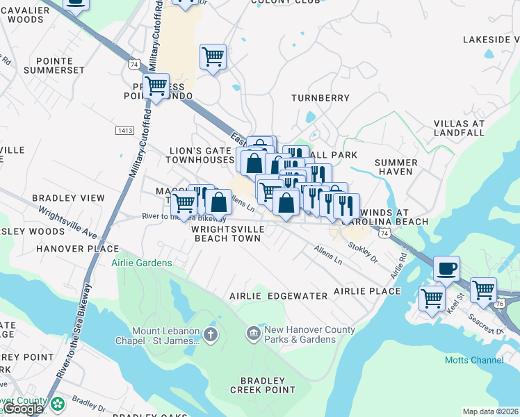 map of restaurants, bars, coffee shops, grocery stores, and more near 1706 Tearthumb Court in Wilmington