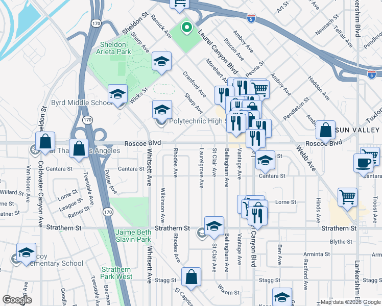 map of restaurants, bars, coffee shops, grocery stores, and more near 12329 Burton Street in Los Angeles