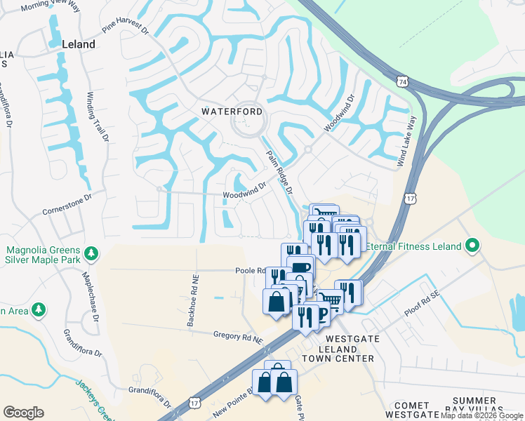 map of restaurants, bars, coffee shops, grocery stores, and more near 1011 Tidings Road in Leland