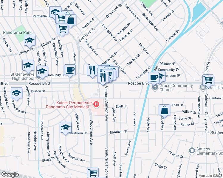 map of restaurants, bars, coffee shops, grocery stores, and more near 8237 Allott Avenue in Los Angeles