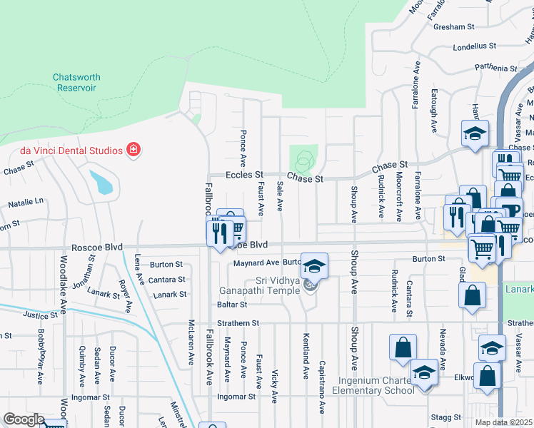 map of restaurants, bars, coffee shops, grocery stores, and more near 8350 Faust Avenue in Los Angeles