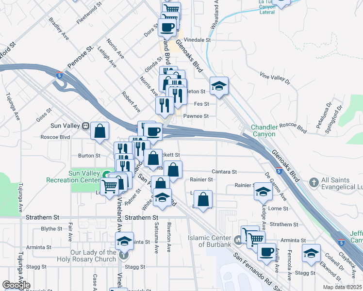 map of restaurants, bars, coffee shops, grocery stores, and more near 8264 North Clybourn Avenue in Los Angeles
