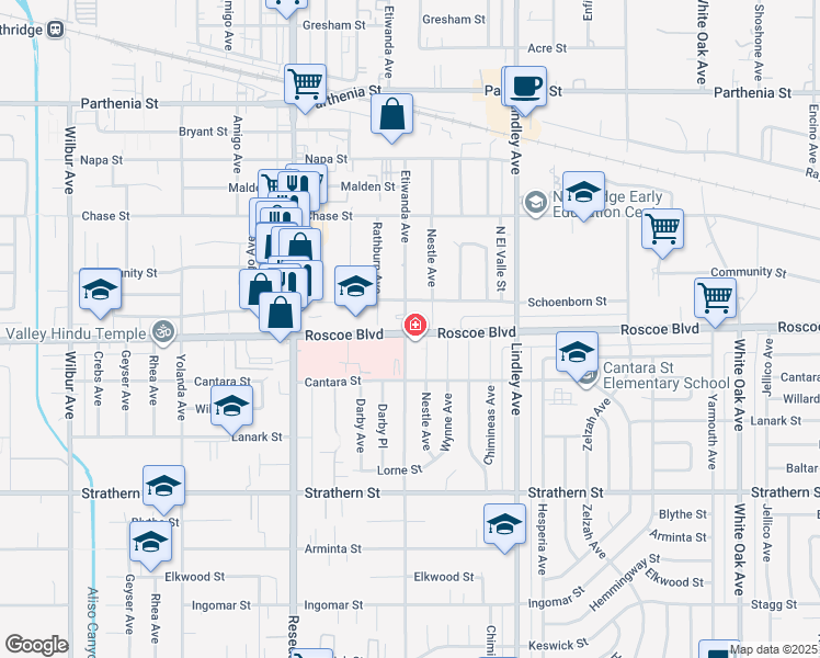map of restaurants, bars, coffee shops, grocery stores, and more near 18251 Roscoe Boulevard in Los Angeles