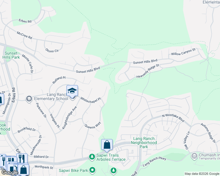 map of restaurants, bars, coffee shops, grocery stores, and more near 2736 Whitechapel Place in Thousand Oaks