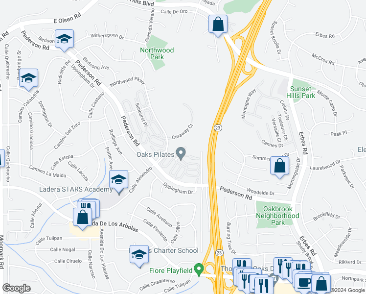 map of restaurants, bars, coffee shops, grocery stores, and more near 1493 Palm Court in Thousand Oaks