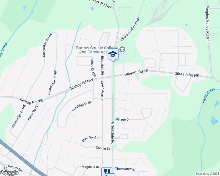 map of restaurants, bars, coffee shops, grocery stores, and more near 608 Grassdale Road in Cartersville
