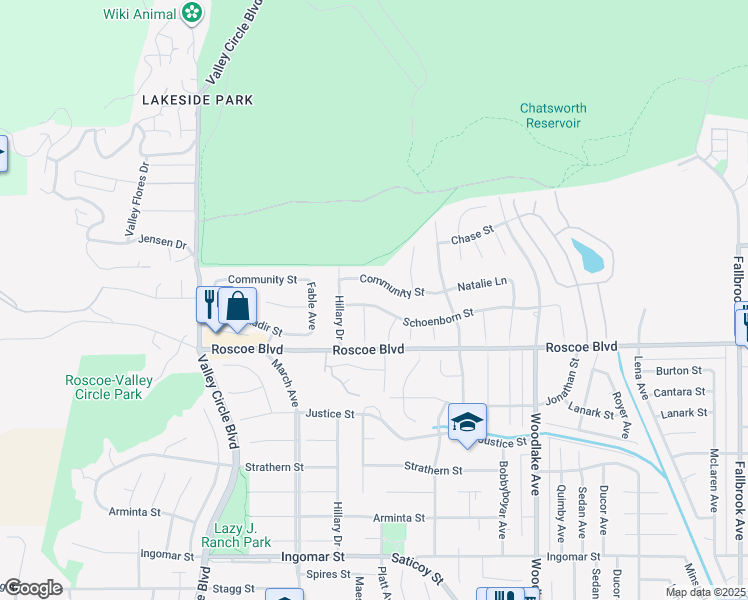 map of restaurants, bars, coffee shops, grocery stores, and more near 23513 Schoenborn Street in Los Angeles