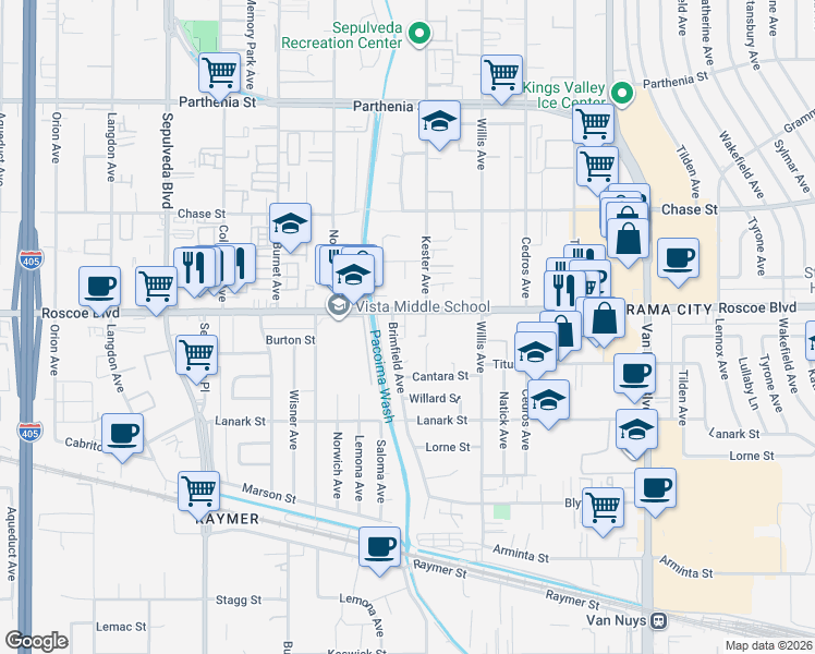 map of restaurants, bars, coffee shops, grocery stores, and more near 14924 Roscoe Boulevard in Los Angeles