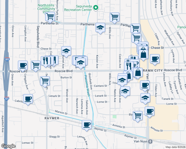 map of restaurants, bars, coffee shops, grocery stores, and more near 14924 Roscoe Boulevard in Los Angeles