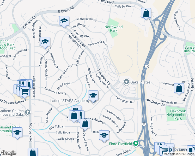 map of restaurants, bars, coffee shops, grocery stores, and more near 1294 Uppingham Dr in Thousand Oaks