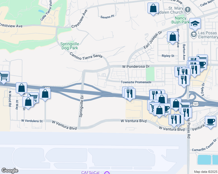 map of restaurants, bars, coffee shops, grocery stores, and more near 398 Townsite Promenade in Camarillo