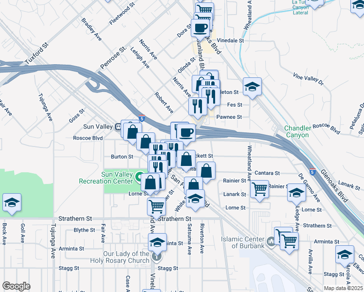 map of restaurants, bars, coffee shops, grocery stores, and more near 8259 Sunland Boulevard in Los Angeles