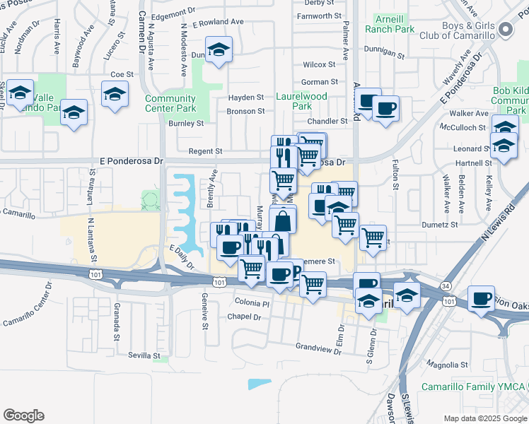 map of restaurants, bars, coffee shops, grocery stores, and more near 426 Murray Avenue in Camarillo