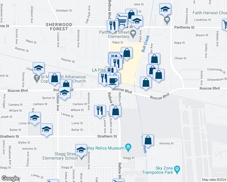 map of restaurants, bars, coffee shops, grocery stores, and more near 16926 Roscoe Boulevard in Los Angeles