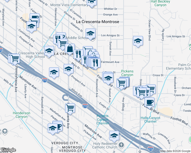 map of restaurants, bars, coffee shops, grocery stores, and more near 2600 Foothill Boulevard in La Crescenta-Montrose