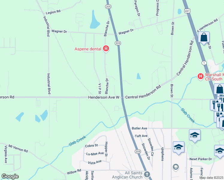 map of restaurants, bars, coffee shops, grocery stores, and more near 1303 Coy Street in Boaz