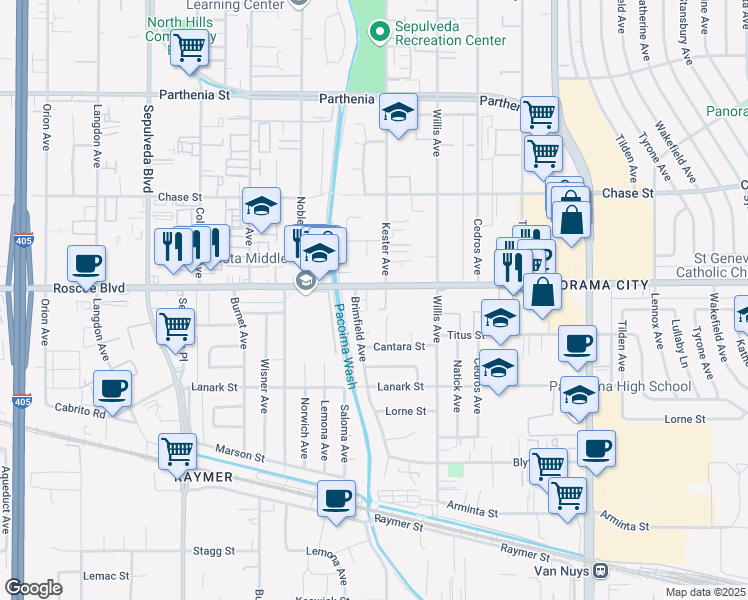 map of restaurants, bars, coffee shops, grocery stores, and more near 14914 Roscoe Boulevard in Los Angeles