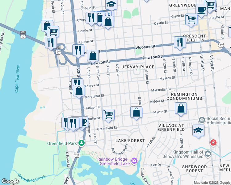 map of restaurants, bars, coffee shops, grocery stores, and more near 1121 South 6th Street in Wilmington