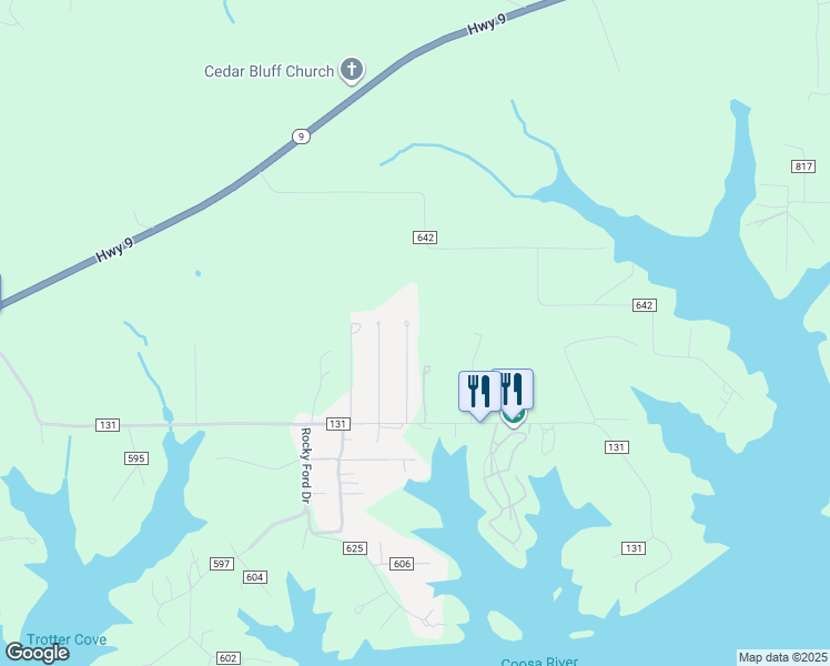 map of restaurants, bars, coffee shops, grocery stores, and more near 4873 Lakeplace Lane in Cedar Bluff