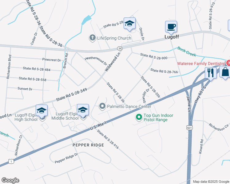map of restaurants, bars, coffee shops, grocery stores, and more near 91 State Road S-28-36 in Lugoff