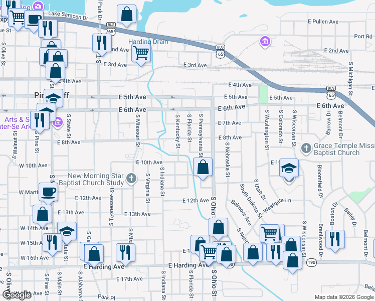 map of restaurants, bars, coffee shops, grocery stores, and more near 820 South Florida Street in Pine Bluff