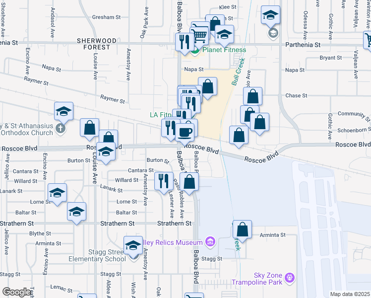 map of restaurants, bars, coffee shops, grocery stores, and more near 16926 Roscoe Boulevard in Los Angeles