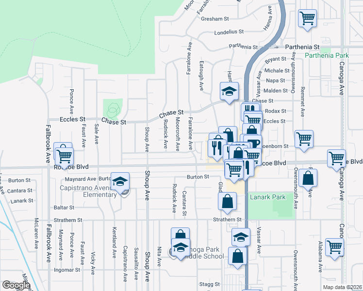 map of restaurants, bars, coffee shops, grocery stores, and more near 8346 Moorcroft Avenue in Los Angeles