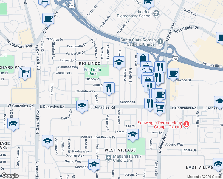 map of restaurants, bars, coffee shops, grocery stores, and more near 1115 Caliente Way in Oxnard
