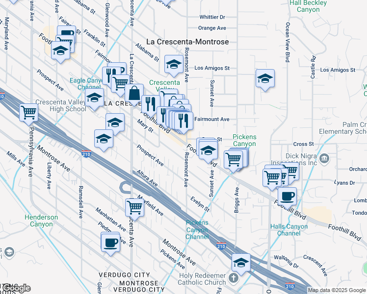 map of restaurants, bars, coffee shops, grocery stores, and more near 2633 Mary Street in La Crescenta-Montrose