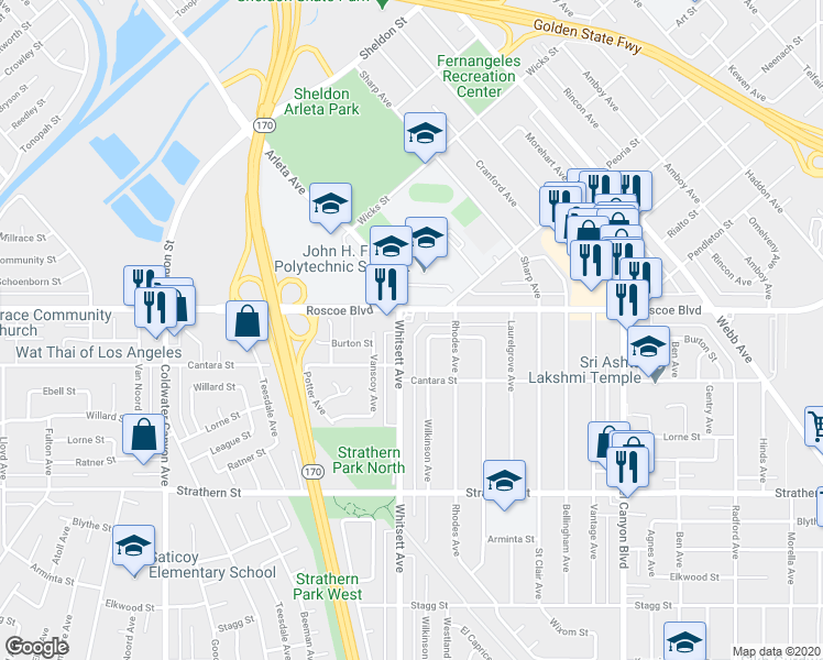 map of restaurants, bars, coffee shops, grocery stores, and more near 8241 Whitsett Avenue in Los Angeles
