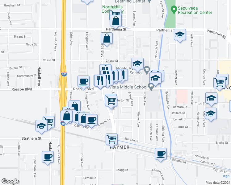 map of restaurants, bars, coffee shops, grocery stores, and more near 8247 Columbus Avenue in Los Angeles