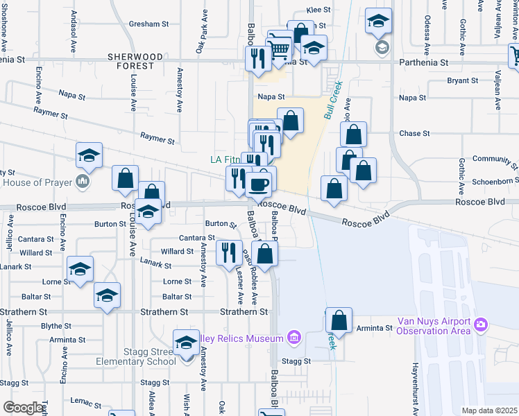 map of restaurants, bars, coffee shops, grocery stores, and more near 16900 Roscoe Boulevard in Los Angeles